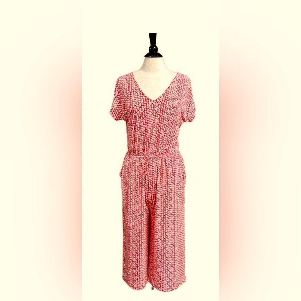 Clara Sun Woo Red,White&Black Geo Print Short Sleeve Midi Pocket Jumpsuit-Small